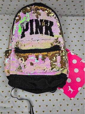 Victoria's Secret PINK Flip Sequin Backpack Gold Pink LOVE PINK Book Bag